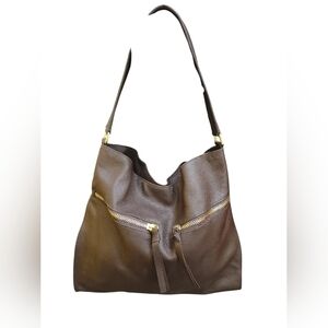 Tote Le Monde Pebbled Leather Slouchy Hobo Bag Brown Gold Hardware Large